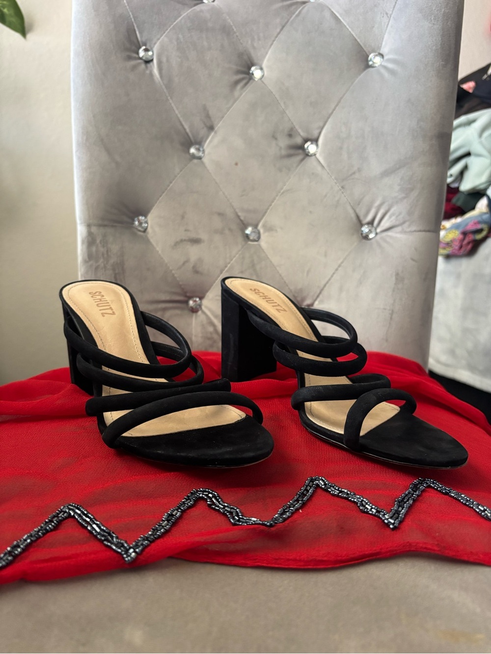 SCHUTZ Black Multi-Strap Block Heel Sandals